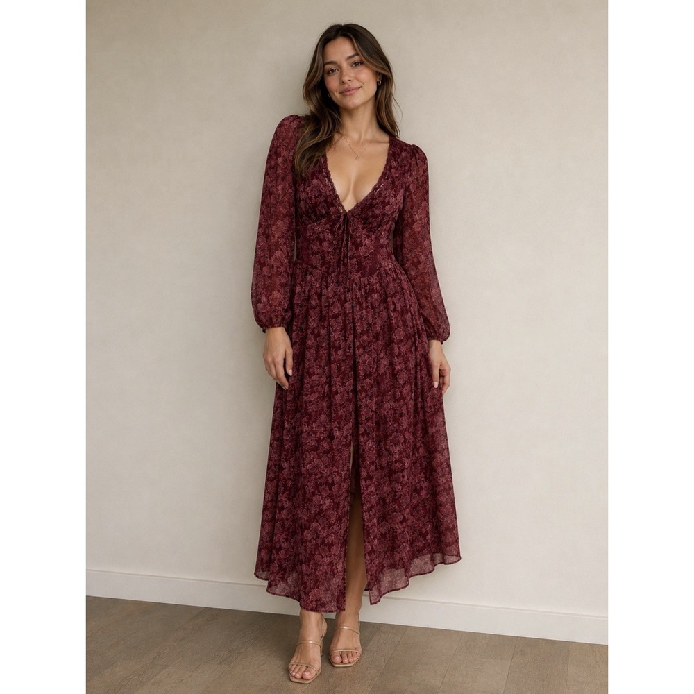 Fransesca's Burgundy Floral Maxi Peasant Dress L Long Puff Slv Deep V Boho NWT